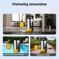 Pompa sommersa ad aspirazione piatta 3in1 550 W, portata 12500 l/h, per acque chiare e scure, con galleggiante e termoregolazione, per cantine, stagni, piscine, pozzi
