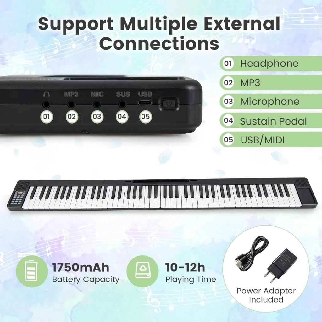 Pianoforte Digitale 88 Tasti Pieghevole con Funzione MIDI & Bluetooth, Tastiera Elettronica Multifunzionale per Principianti con Borsa per Pianoforte