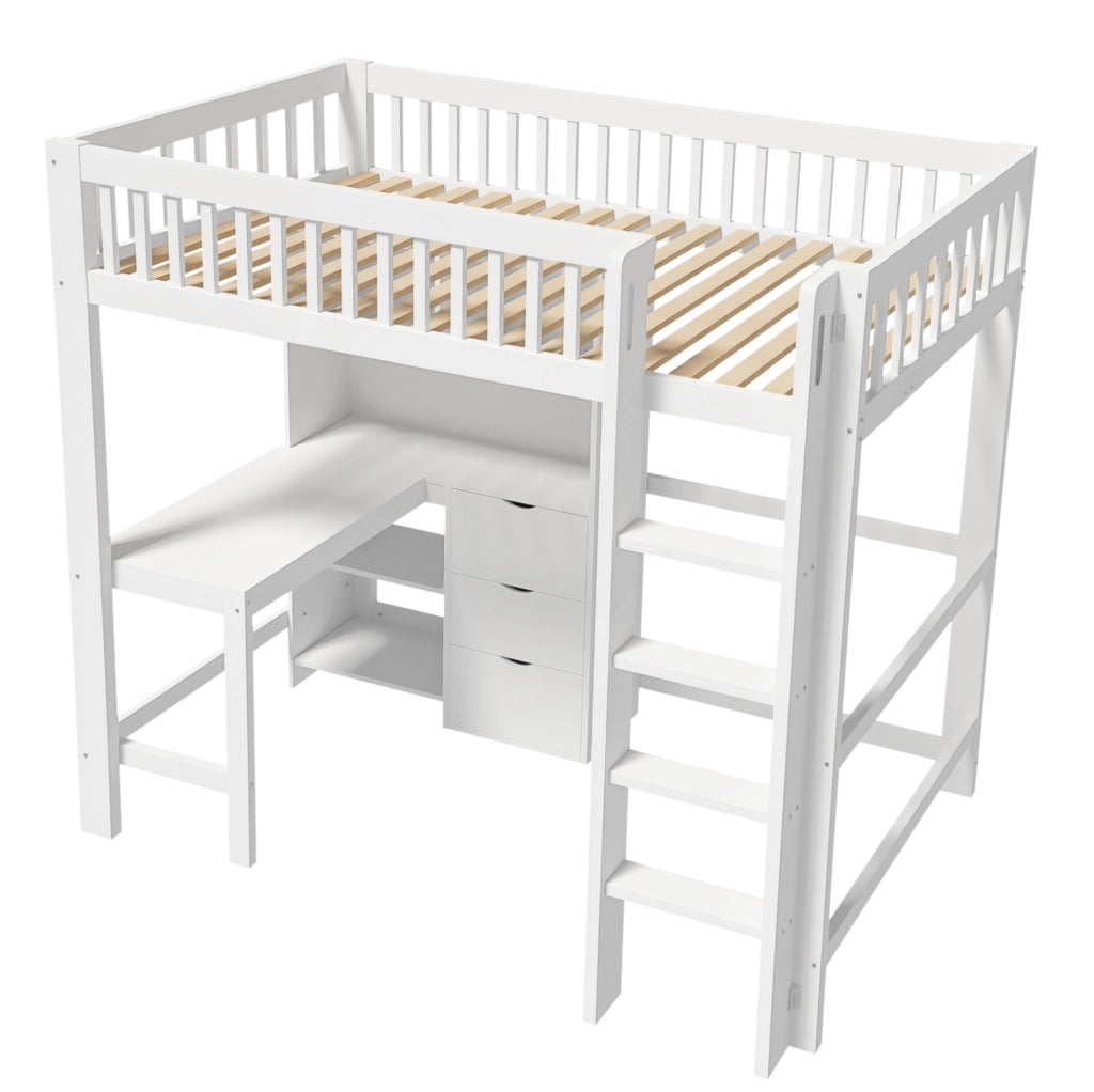 Letto a soppalco 90x200 cm con scrivania; cassetti e vani aperti in legno e MDF bianco