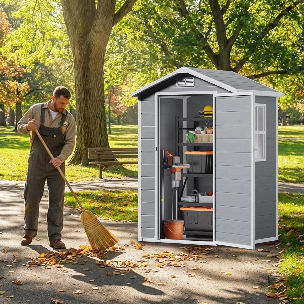 Casetta da Giardino in Resina, Capanno Porta Attrezzi Intemperie con Finestra e Ventilazione, Box Stoccaggio con Serratura per Attrezzi da Giardino, 122 x 92 x 187 cm (Grigio)