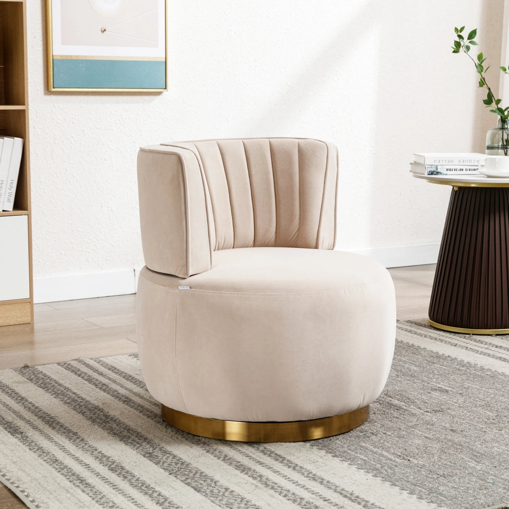 Fauteuil girevole in velluto con seduta imbottita e schienale ergonomico, base in legno e metallo beige