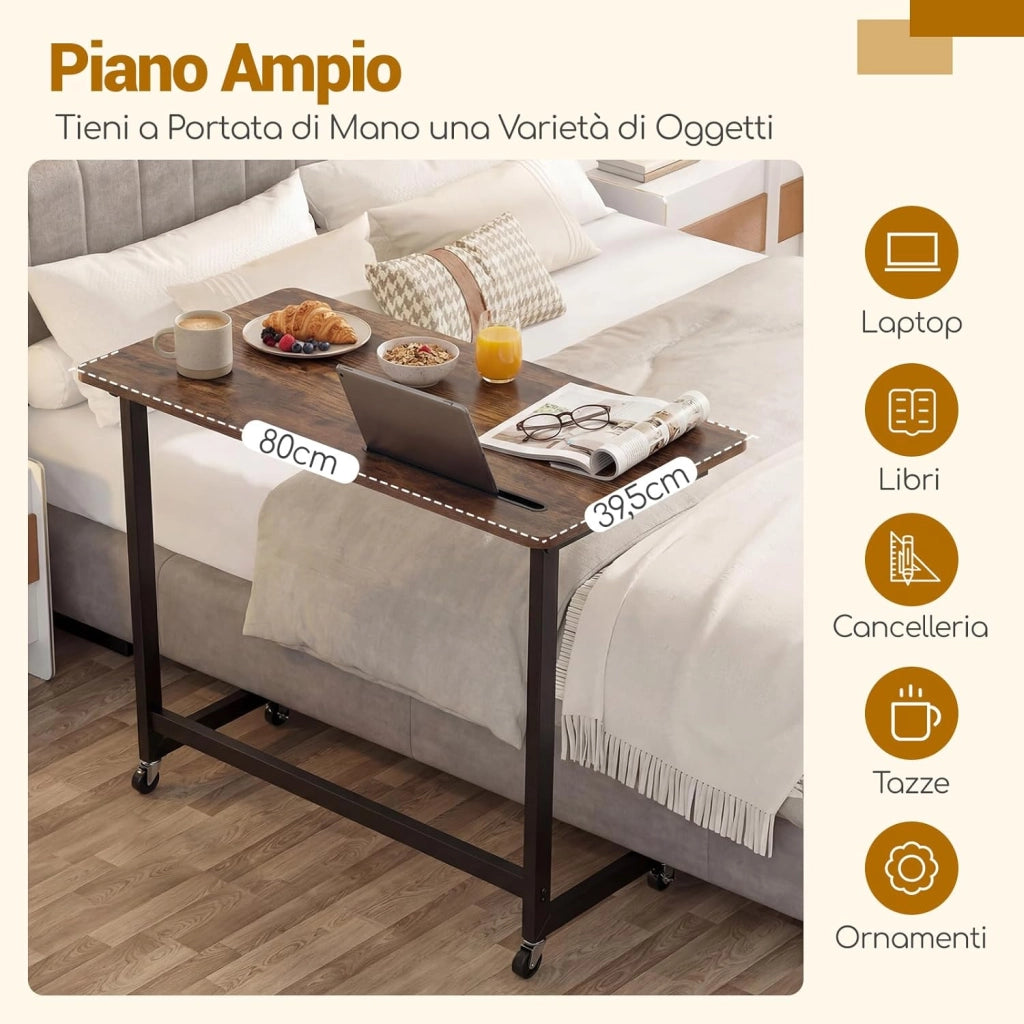 Tavolino da Divano e Letto, Tavolino Servitore con Ruote Bloccabili e Fessura per Tablet, Tavolo a Vassoio Salvaspazio con Struttura in Metallo per Mangiare, Lavorare e Studiare