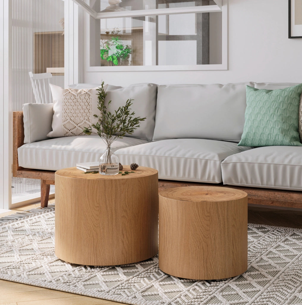 Set di 2 tavolini rotondi 48 e 38 cm legno naturale; MDF impilabili