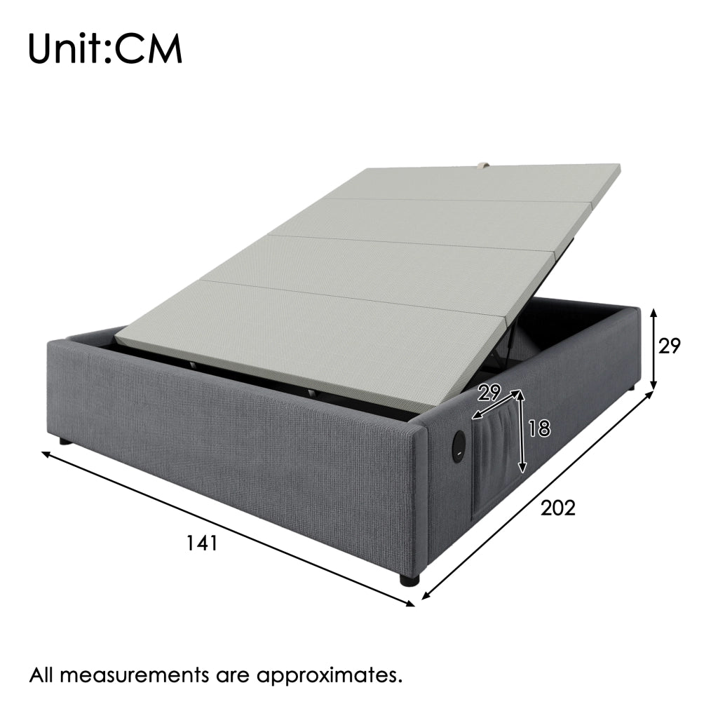 Letto Contenitore Letto Matrimoniale 140 x 200 cm con USB; Type-C e Tasca Laterale; senza Materasso