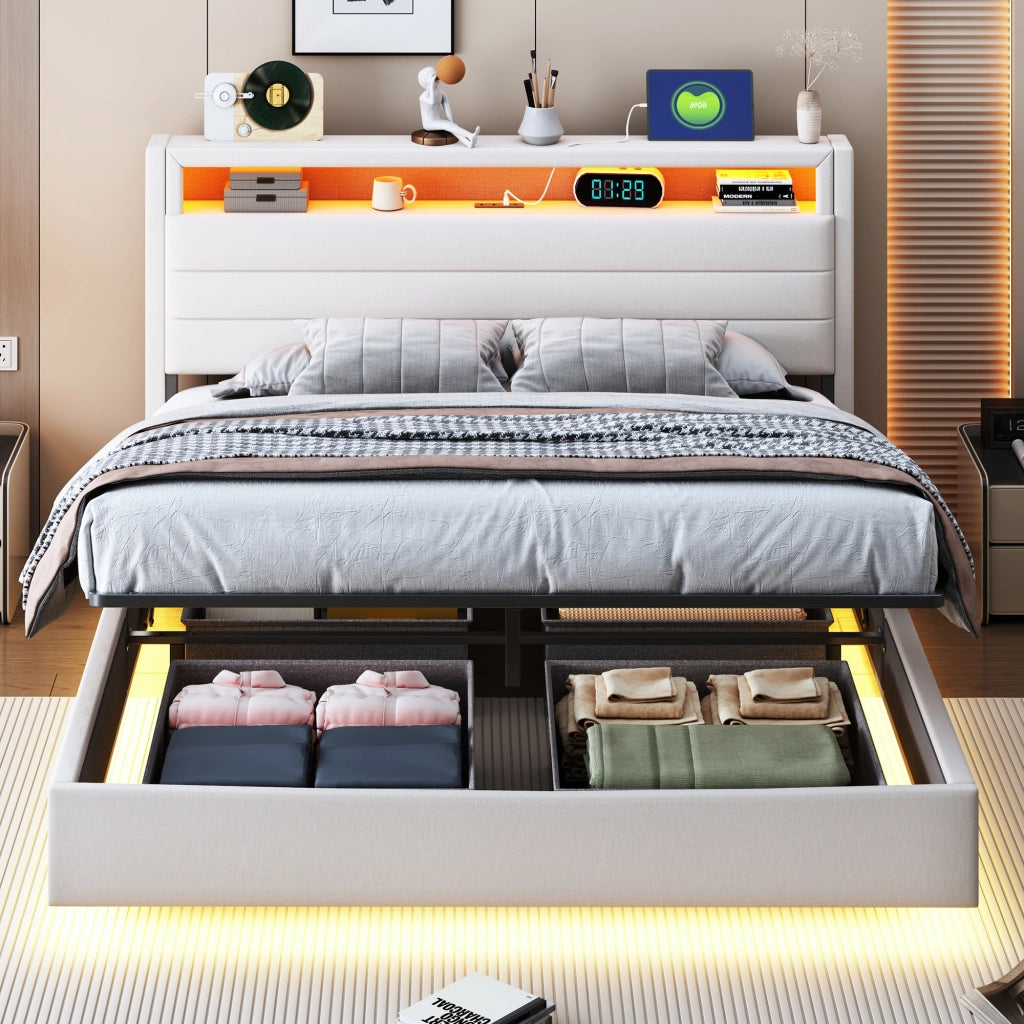 OKWISH Letto contenitore 140×200 cm, Letto Matrimoniale con Vano Contenitore, USB, LED Regolabile e Testiera Girevole, senza Materasso, Beige