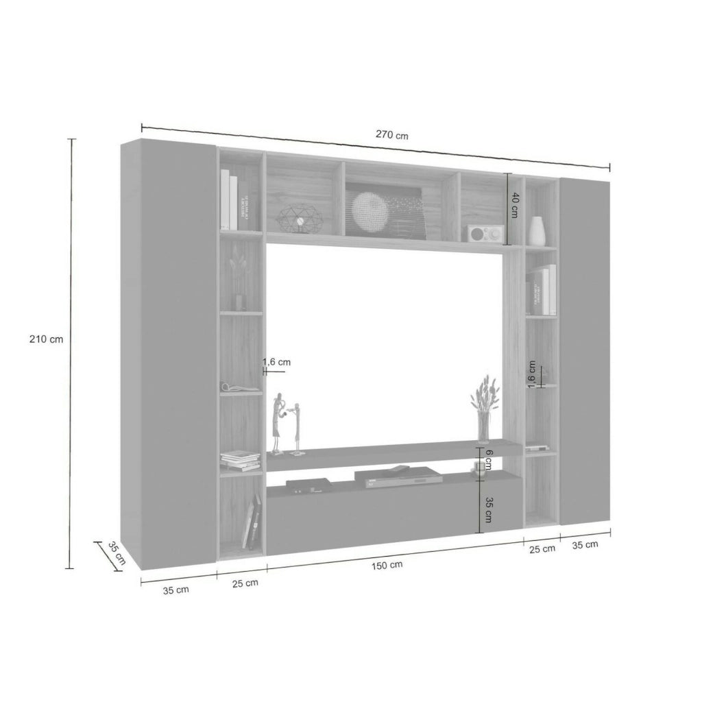 Parete attrezzata Austis, Set salotto porta TV a 3 ante, Mobile soggiorno multiuso, 100% Made in Italy, cm 270x35h210, Antracite e Rovere