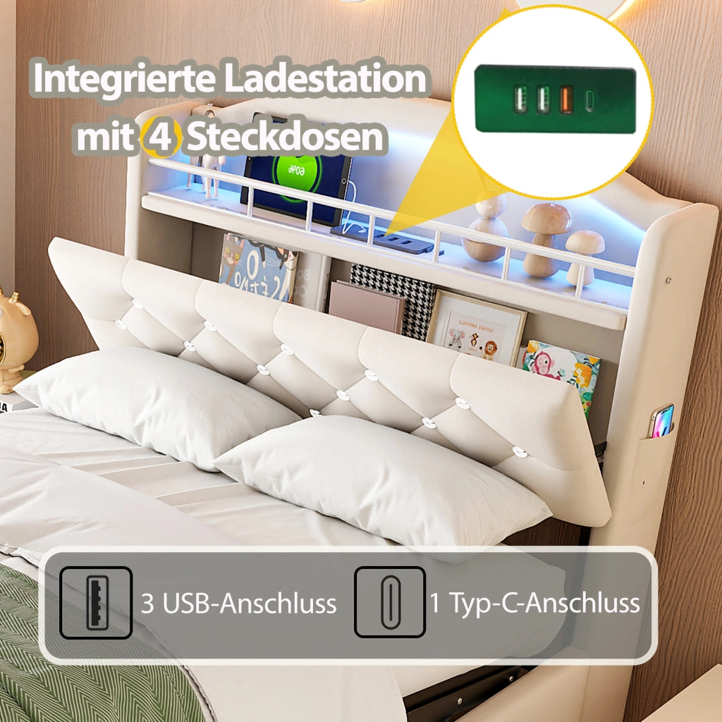 Letto per bambini singolo 90×200 cm contenitore con led; 3 usb e type-c; senza materasso; tessuto; beige