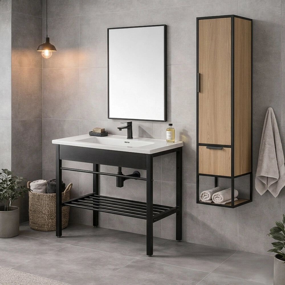 Mobile bagno a terra in metallo 80 cm nero opaco con specchio e pensile linea Borg