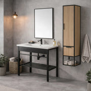 Mobile bagno a terra in metallo 80 cm nero opaco con specchio e pensile linea Borg