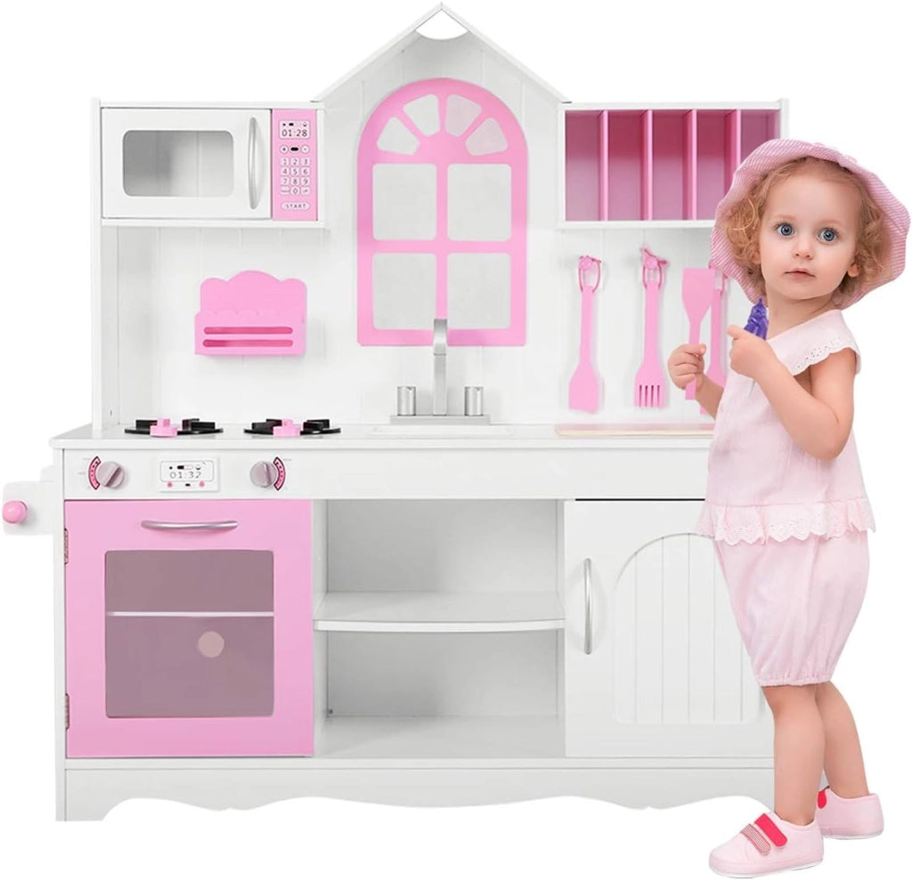 Cucina Giocattolo per Bambini, Cucina Legno per Bambini con Forno, Microonde, Lavello e Rubinetto, con Accessori da Cucina, per 3+ Anni