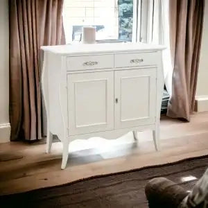 Credenza madia buffet in legno Shabby chic 2 ante sagomata bianca con maniglie infinito argento lucido