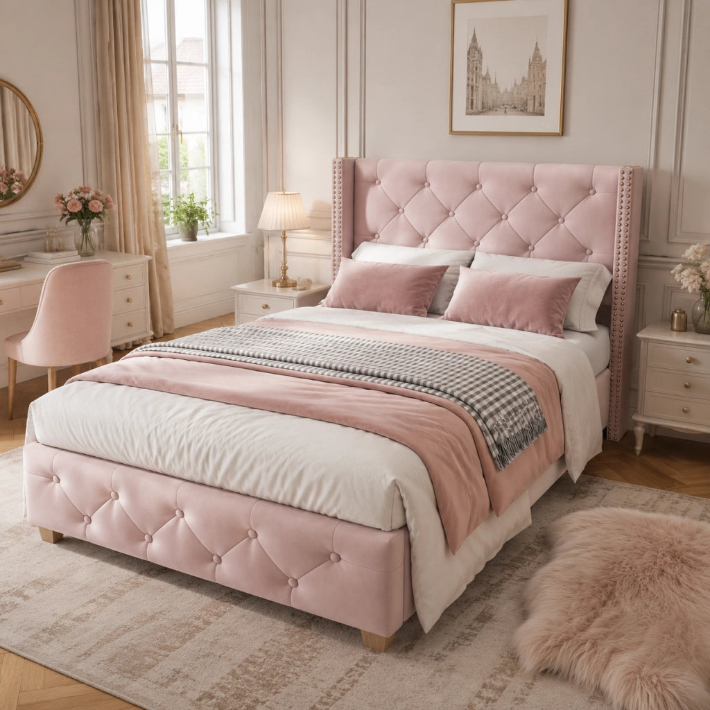 Letto singolo imbottito in velluto rosa 90x200 cm con rete a doghe