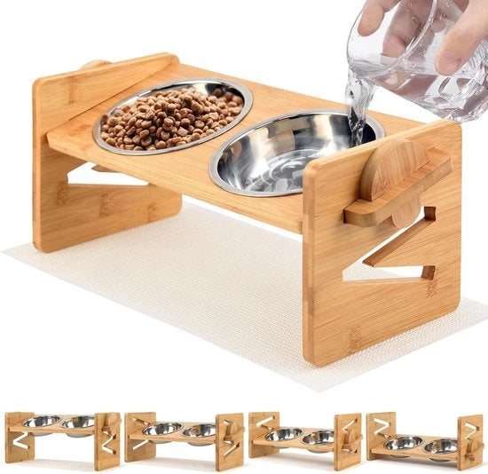 Verstilizzabile Ciotola per Cane e Ciotola per Gatto Elevabile - Stazione di Alimentazione in Bambù con Maniglie in Acciaio Inossidabile - per Piccoli Cani e Gatti
