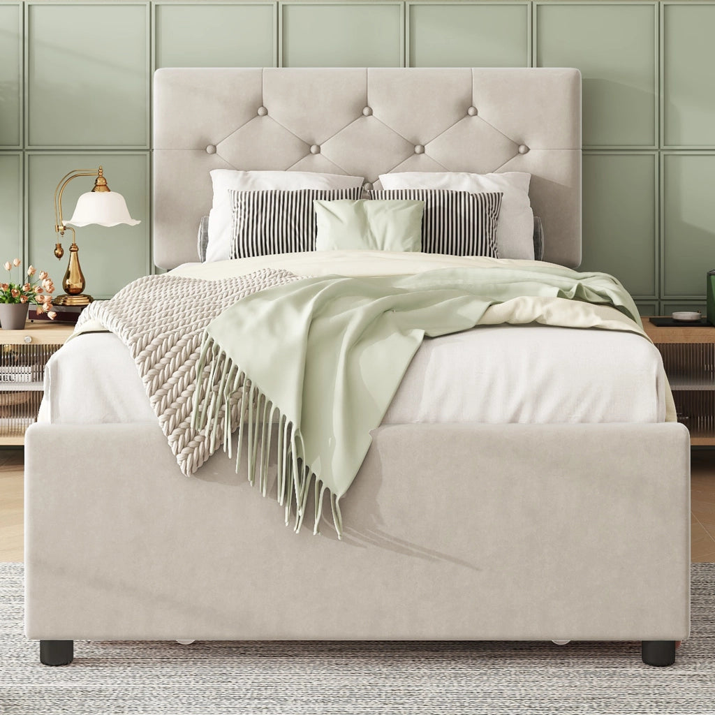 OKWISH Letto Bambino 90×200 cm, Letto Singolo con Letto Estraibile, Testiera Imbottita con Bottoni e Rivestimento Morbido, senza Materasso, Beige