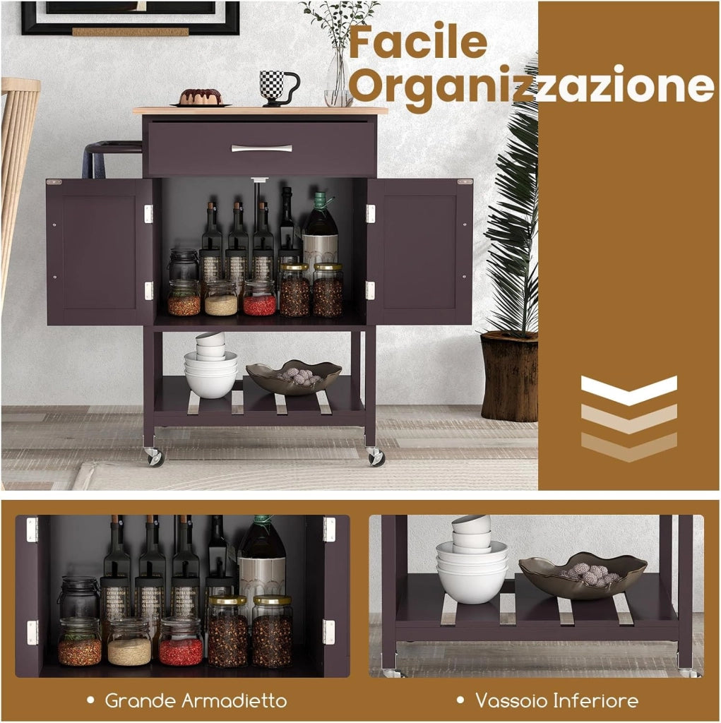 Carrello da Cucina con Cassetto, Isola da Cucina con 2 Ante Vassoio Inferiore e Porta Asciugamani, Carrello con Ruote per Sala da Pranzo Soggiorno Bar, 73 x 48 x 90 cm (Marrone)