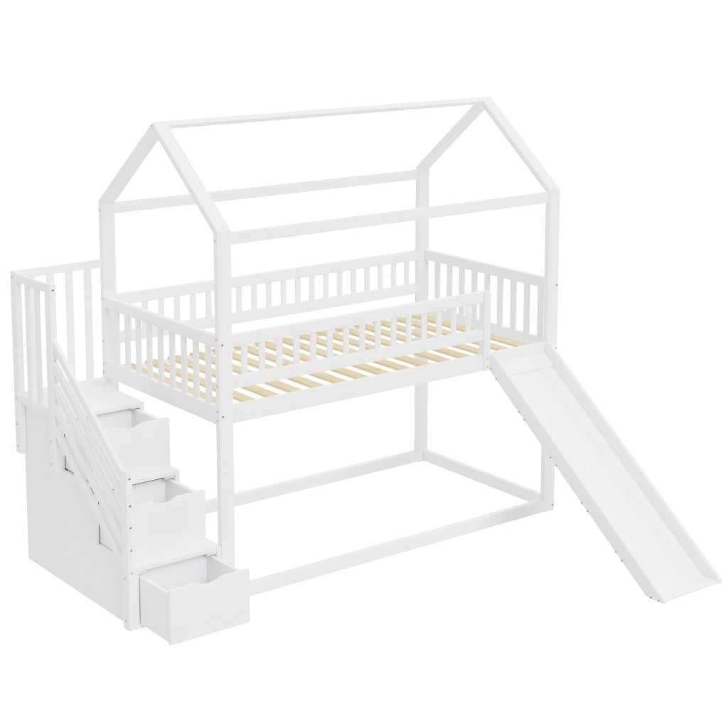 Letto a Soppalco 90x200 cm; Letto per Bambini con Scivolo e Scala Contenitore in Legno Bianco