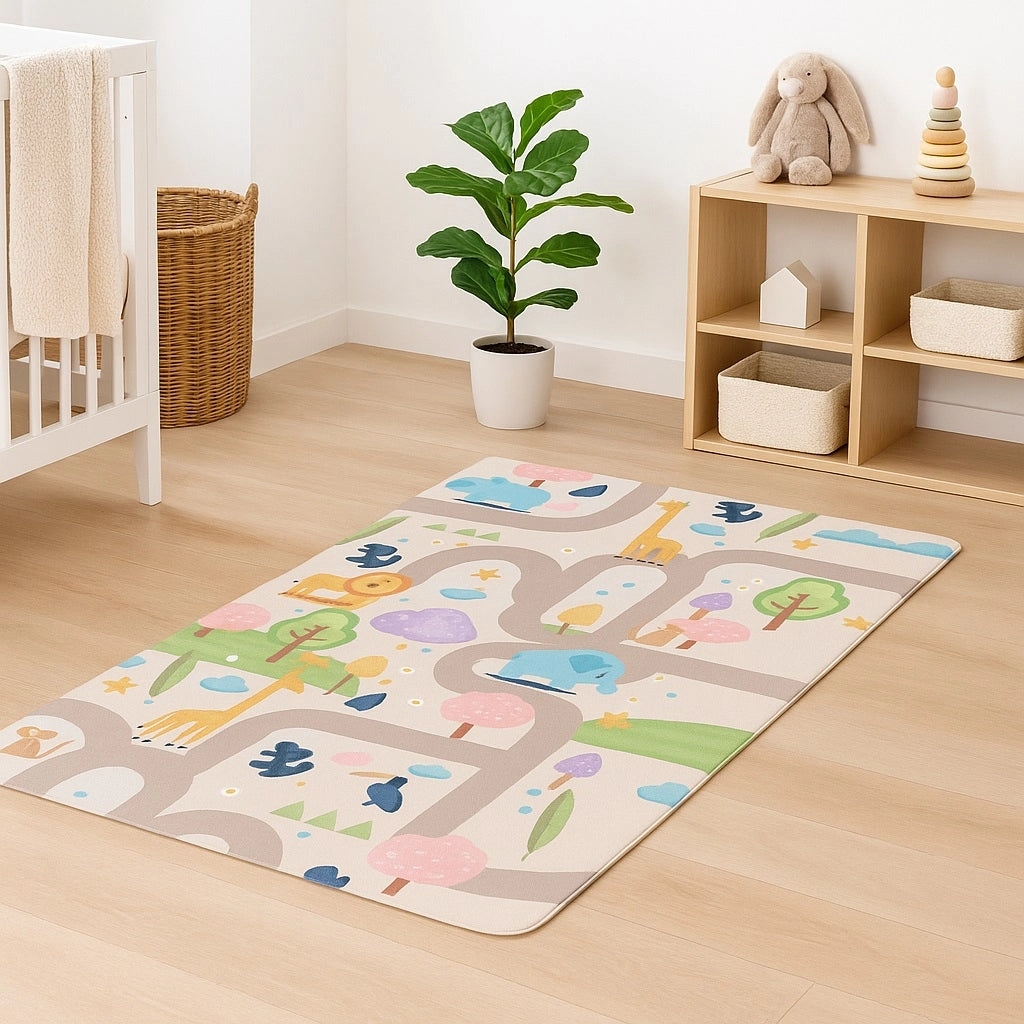 Tappeto Cameretta Bambini 80x140 Beige Morbido Mondo Animali in Polyestere e Spugna