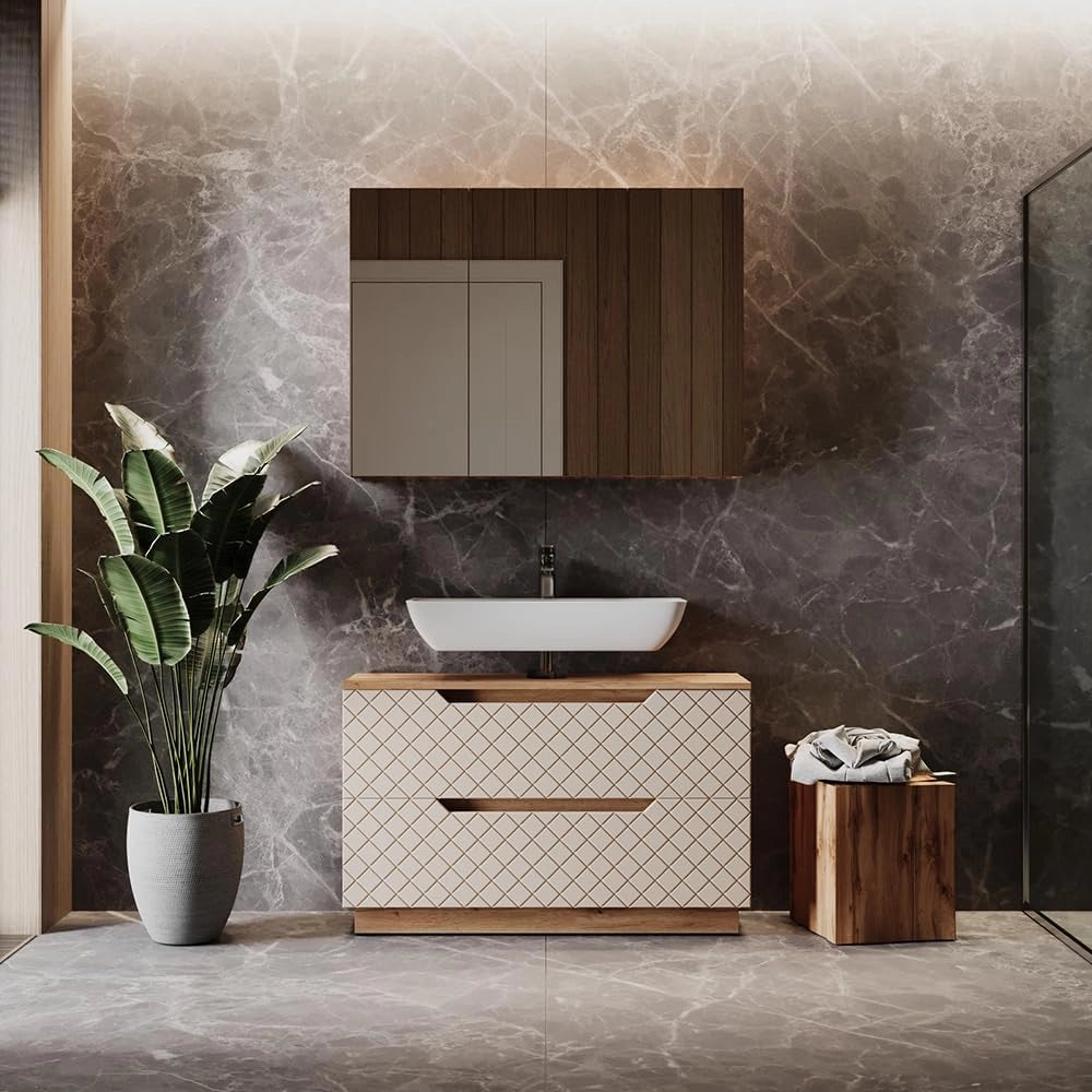 Set di mobili da bagno Lotta, Rovere/cashmere con struttura in piastrelle, 2 parti
