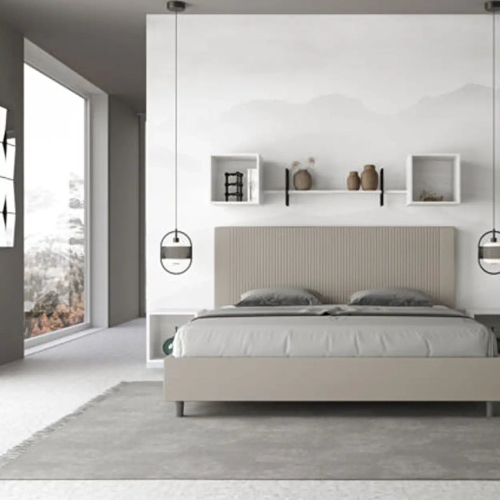 Letto matrimoniale king size senza rete imbottito 200x200 similpelle tortora Goya