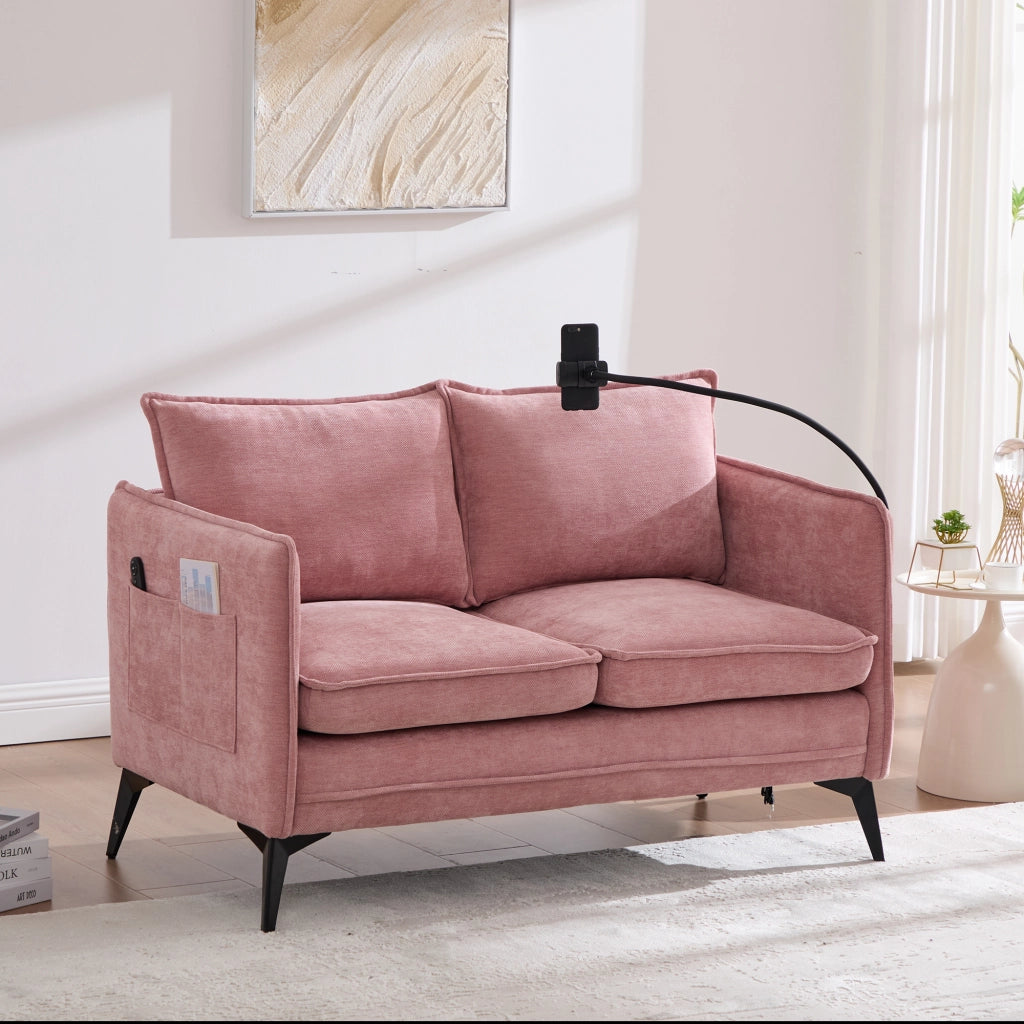 OKWISH Divano 2 Posti con Supporto Regolabile per Telefono e Tasche Laterali, Ciniglia Rosa, 127 x 69 x 66 cm