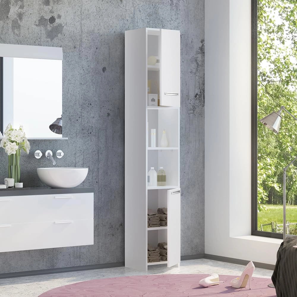 Mobile bagno alto Kiko, Bianco, 30 x 190 cm, per la conservazione di accessori da bagno e compatibile con Kiko