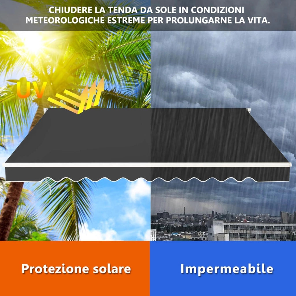 Tenda da Sole per Esterno Avvolgibile 3,6 x 3 M, Tenda da Sole a Bracci Estensibili con Telaio in Alluminio, Tettuccio Resistente al Sole e Impermeabile e Manovella (3,6 x 3 M, Grigio)