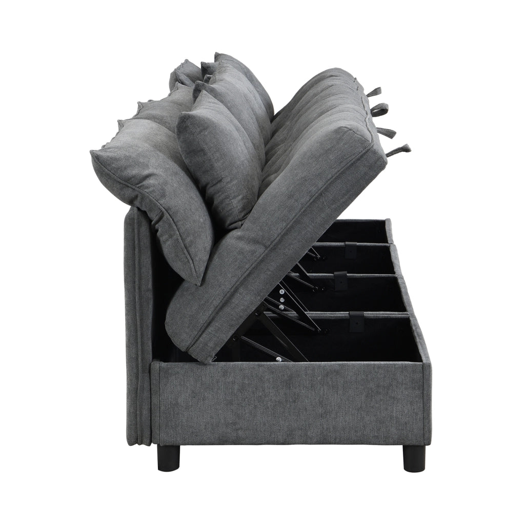 Divano modulare 4 posti con contenitore e funzione letto; 274x76x87 cm; chenille grigio antico
