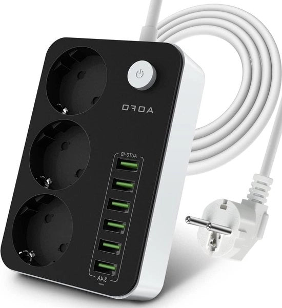 Scatola di alimentazione a 3 vie con 6 porte USB - sicurezza per bambini - protezione di sovraccarico - cavo da 2 m