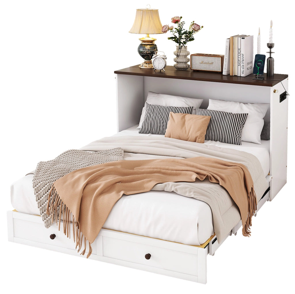 Letto a scomparsa 140x200 cm trasformabile con cassetti e USB in legno e MDF bianco