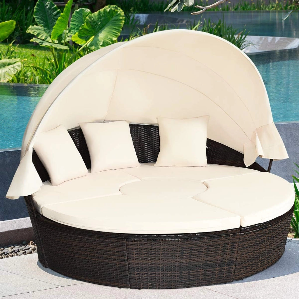 Letto da Giardino Esterno Rotondo in Rattan con Baldacchino Retrattile, Salotto da Giardino Esterno Divano, Lettino da Giardino Portico (Bianco)