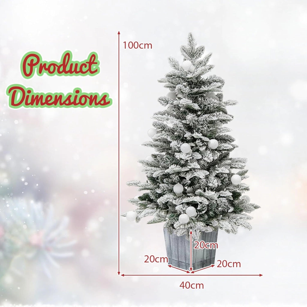 Mini Albero di Natale Artificiale 100 cm con Luci LED, Albero di Natale Piccolo con 148 Rami, Christmas Tree Innevato da Tavolo con Base, per Ufficio, Negozio, Casa, Verde e Bianco