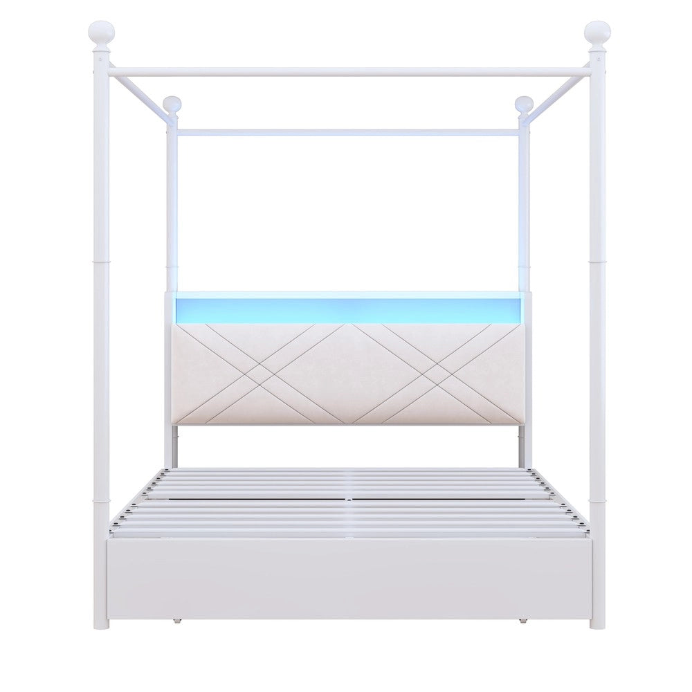 Letto Matrimoniale Contenitore con Baldacchino ¨C Xylo ¨C Bianco, LED, USB, 3 Cassetti, 140x190