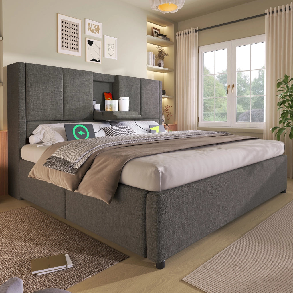 Letti contenitori 140x200 cm con porta bicchieri e stazione di ricarica; lino; grigio (Senza materasso)