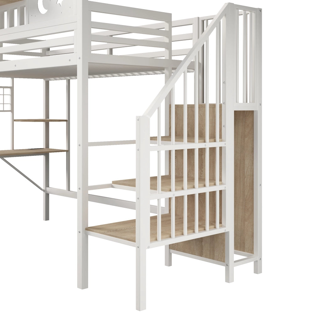 Letto a soppalco 90x200 cm con scrivania; pannello pegboard; ripiani; LED e USB; metallo bianco