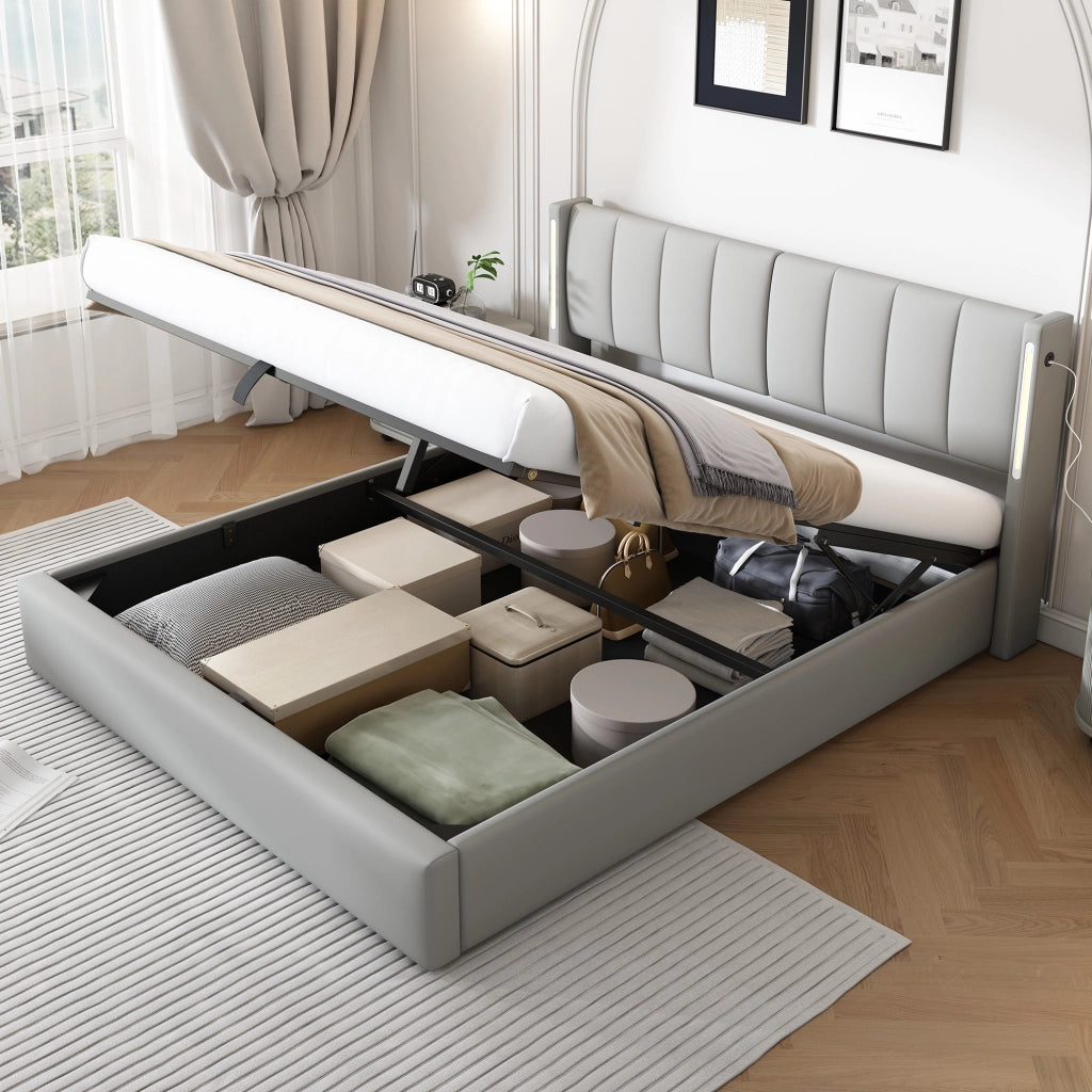 Letto imbottito 140x200 cm con USB e LED; testiera regolabile; PU grigio