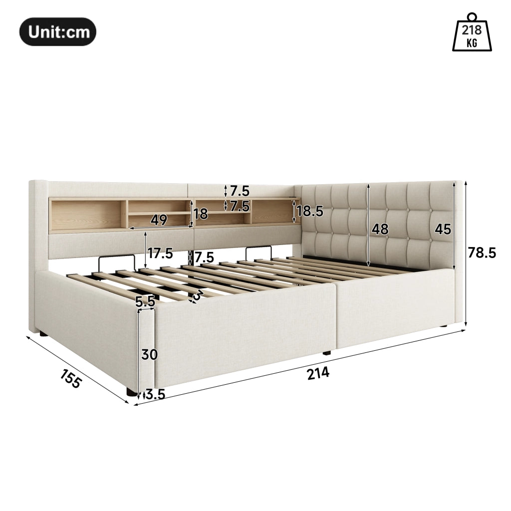 Letto matrimoniale contenitore 140x200 cm con sollevamento idraulico; LED; testiera con ripiano e USB; beige