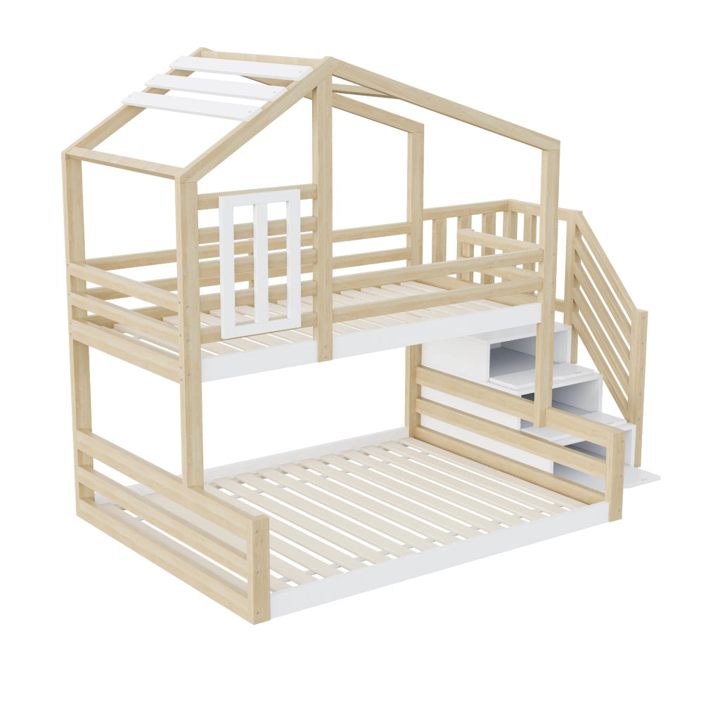 Letto a castello per bambini in pino e MDF con scala contenitore