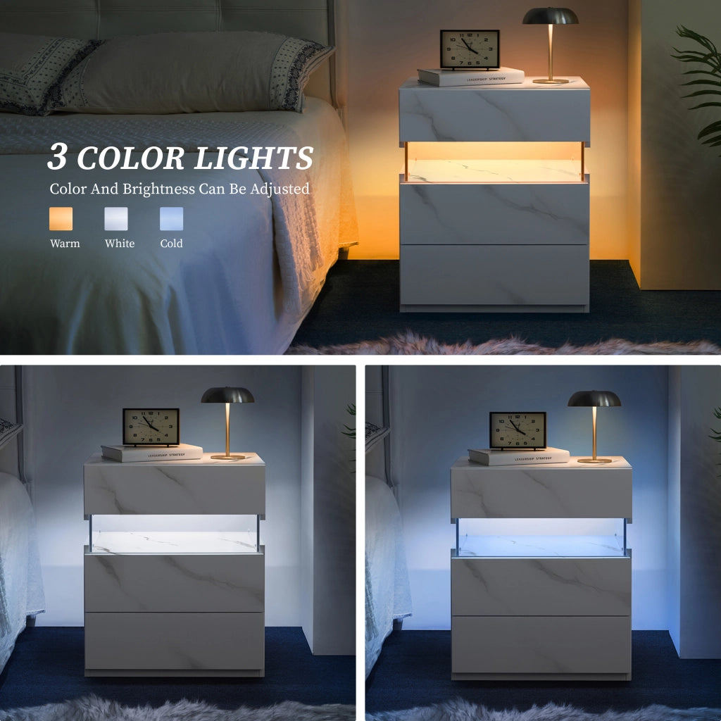 Comodino con luce LED e 3 cassetti in legno ingegnerizzato con pannello acrilico per camera da letto, bianco