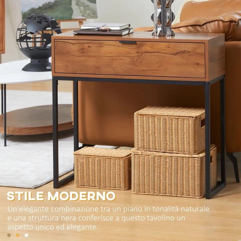 CONSOLLE DA INGRESSO MINIMAL CON CASSETTO, IN LEGNO E ACCIAIO, 80X30X76 CM, COLOR LEGNO E NERO