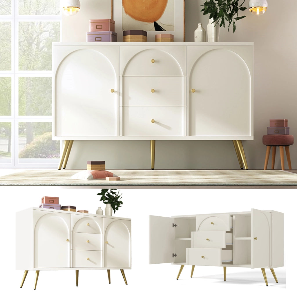 Cassettiera con 2 Ante e 3 Cassetti; Ripiano Regolabile; Stile Classico; in Legno e Metallo; 140??40??84 cm; Bianco Crema
