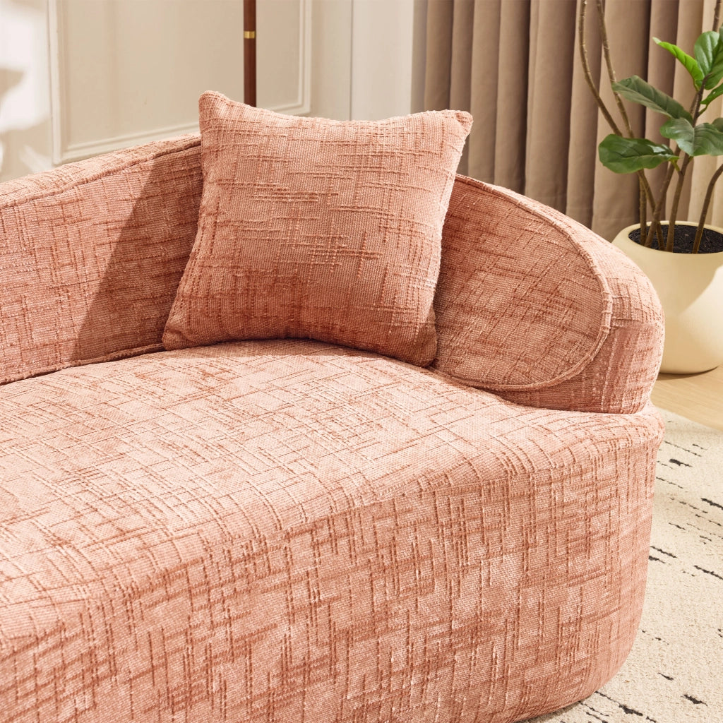 Divano curvo a due posti con supporto ergonomico e cuscini, in schiuma e molle rosa per soggiorno e camera da letto