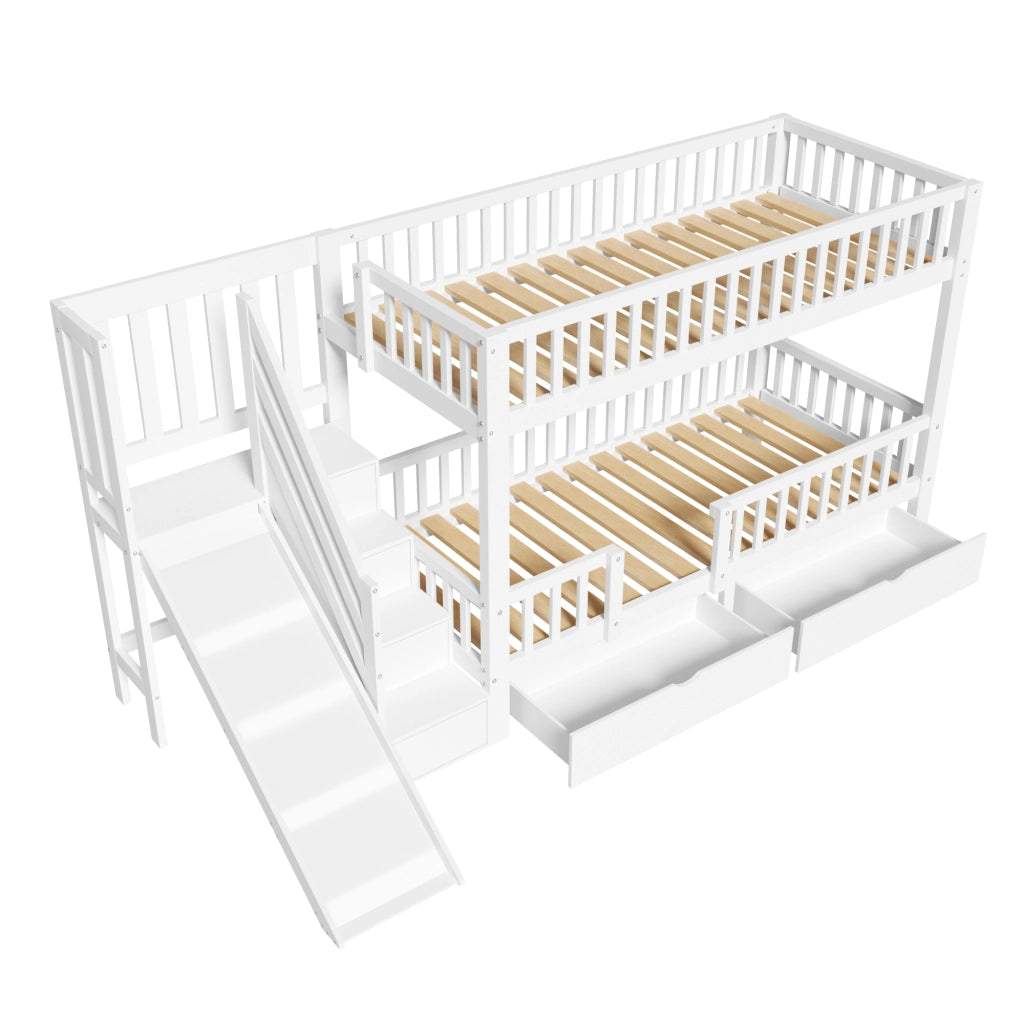 OKWISH Letto a Castello 90×200 cm, Letto Singolo con Scivolo, Scala e 2 Cassetti, senza Materasso, in Legno Massello, Bianco
