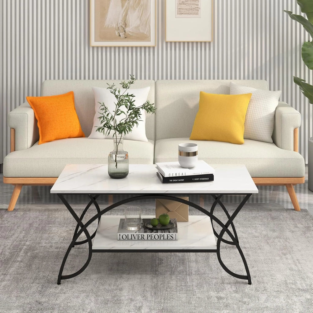 Tavolino da Caffè Oro, Tavolo da Salotto con Gambe in Metallo, Tavolino con Effetto Marmo per Soggiorno, Studio, Camera,110 x 50 x 46 cm (Bianco+Nero)