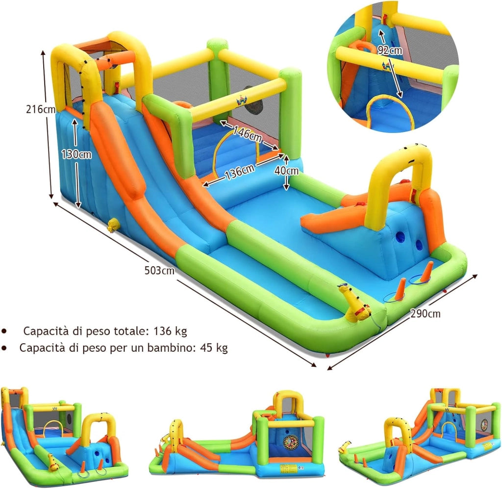 Castello Gonfiabile 8 in 1, Parco Acquatico con 2 Scivoli, Trampolino, Parete da Arrampicata, Canestro e Palla da Basket, Inclusi 3 Anelli, 3 Palline Bersaglio e Kit di Riparazione