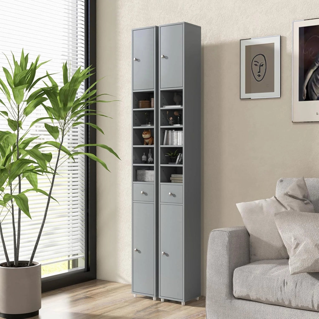 Armadio da Bagno Sottile e Alto con Ante, Mobiletto Bagno Salvaspazio Cassetto e Ripiani Regolabili, Design Moderno, 20 x 20 x 180 cm, 4 Colori