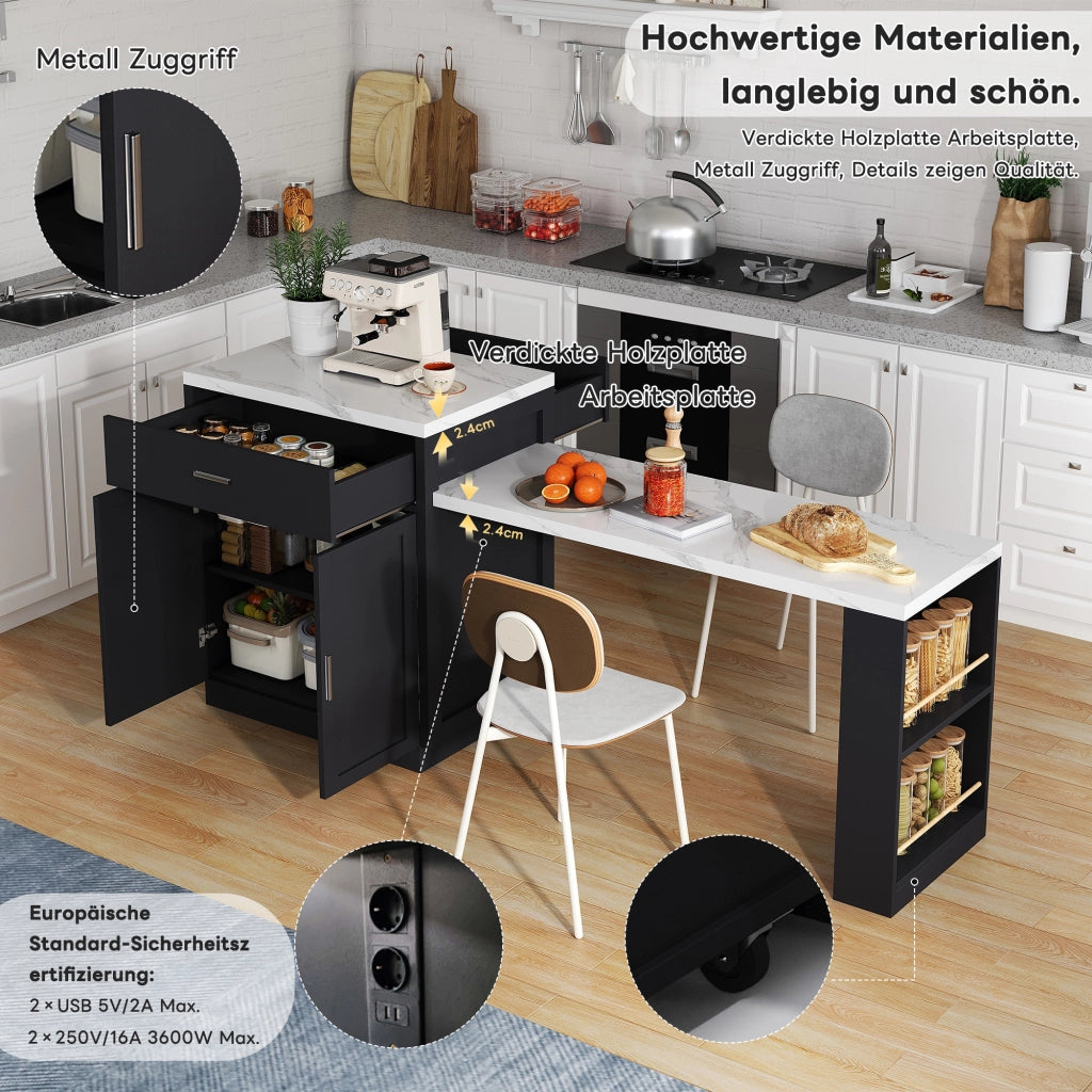 Isola da Cucina con 2 Cassetti; 1 Anta; Ripiano Regolabile; Tavolo Estensibile e Prese; in MDF; 211 x 55 x 89;5 cm; Nero