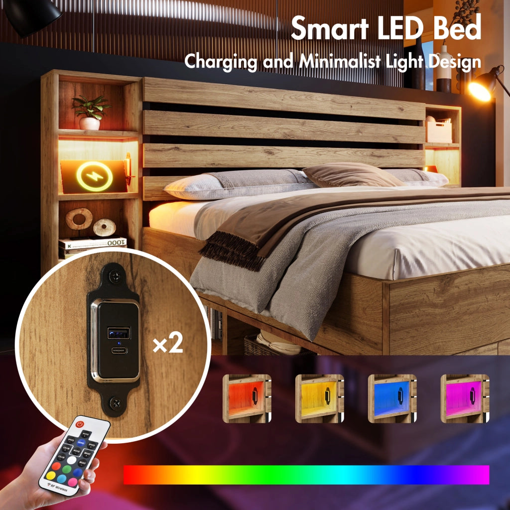 OKWISH Letto Contenitore 160×200 cm, Letto Matrimoniale con LED Regolabile, USB, Tipo C e 2 Cassetti, senza Materasso, Legno e Metallo, Rovere