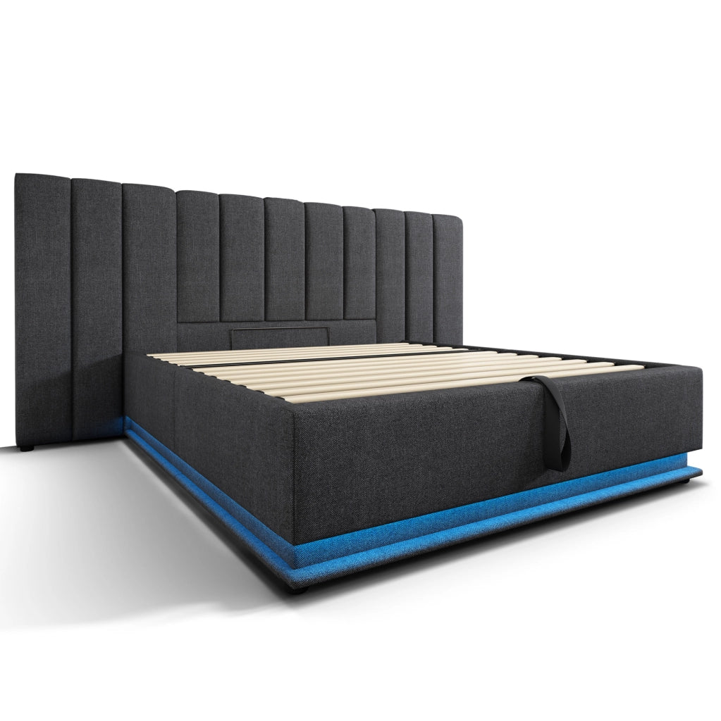 Letto matrimoniale 160x200 cm con contenitore; LED 360掳; ricarica USB e Type-C; grigio in lino