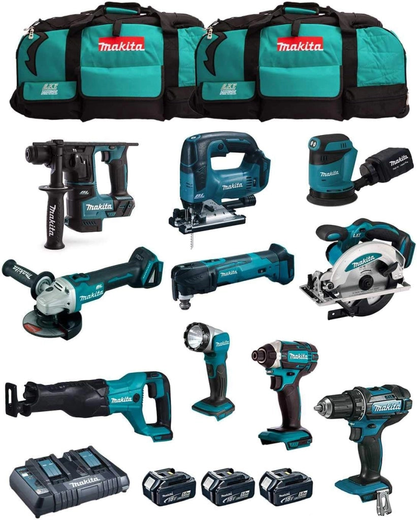 MAKITA Kit MK1001 (DDF482 + DHR171 + DGA504 + DTD152 + DJV182 + DSS610 + DJR186 + DBO180 + DTM51 + DML802 + 3 Batterie 5,0 Ah + Caricabatterie + 2 x LXT600)