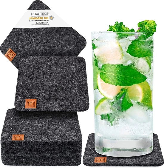 Set di 10 sottopiani in vetro designer, velluto e pelle, lavabile, sottopiani per bevande con applicazioni in pelle autentica
